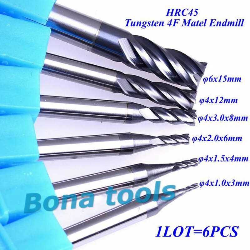 

free shipping 6 pcs/lot D1-D6 Real HRC45 four 4 flutes tungsten carbide end mill milling cutter CNC router bit sets