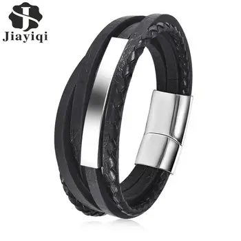 

Jiayiqi Punk Men Multilayered Braided Leather Bracelet Stainless Steel Magnetic Clasp Fashion Jewelry Bangles