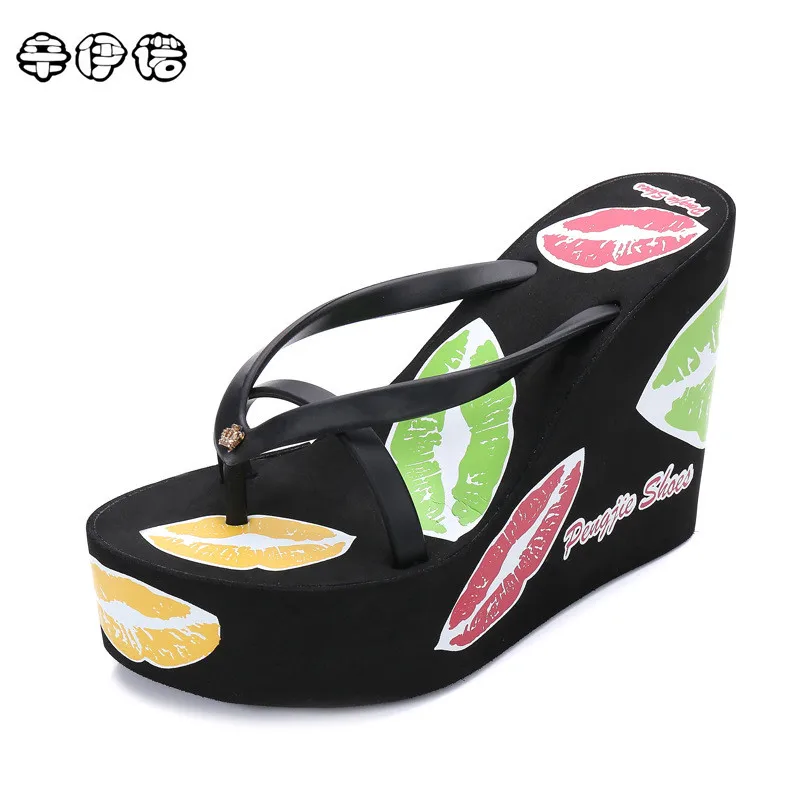 

Slippers Real Eva Pu 2017 New Women's Flip Flops Bow/red Lips High Wedges Shoes Skid Sandals Platform Woman Beach Slippers