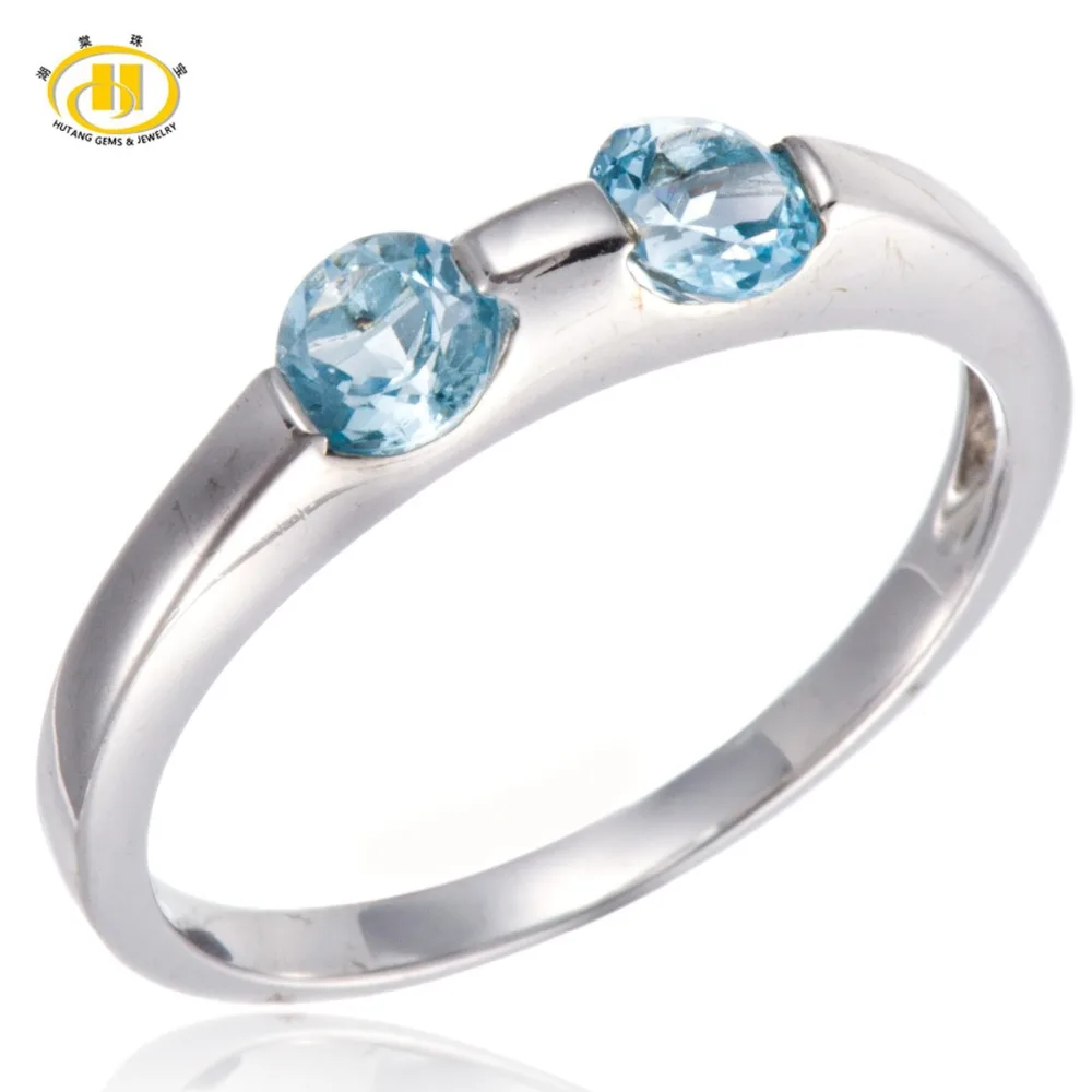 

Hutang Fashion Rings Real Blue Topaz Solid 925 Sterling Silver Ring Women's Round Gemstone Fine Jewelry For Women Ring Gift