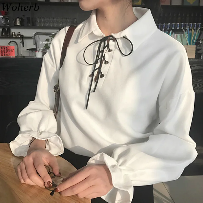 

Woherb Korean Women Ladies Tops and Blouses Turn-Down Collar Long Sleeve Shirts White Pink Bandage Blouse Student Loose Blusas