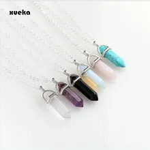 Fashion Hexagonal Column Necklace Natural Crystal Pendants Pink 6 colors Stone Necklaces Chains Pendant For Women Jewelry