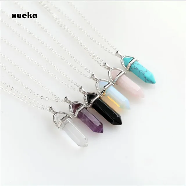 Fashion Hexagonal Column Necklace Natural Crystal Pendants Pink 6 colors Stone N Fashion Hexagonal Column Necklace Natural Crystal Pendants Pink 6 colors Stone N