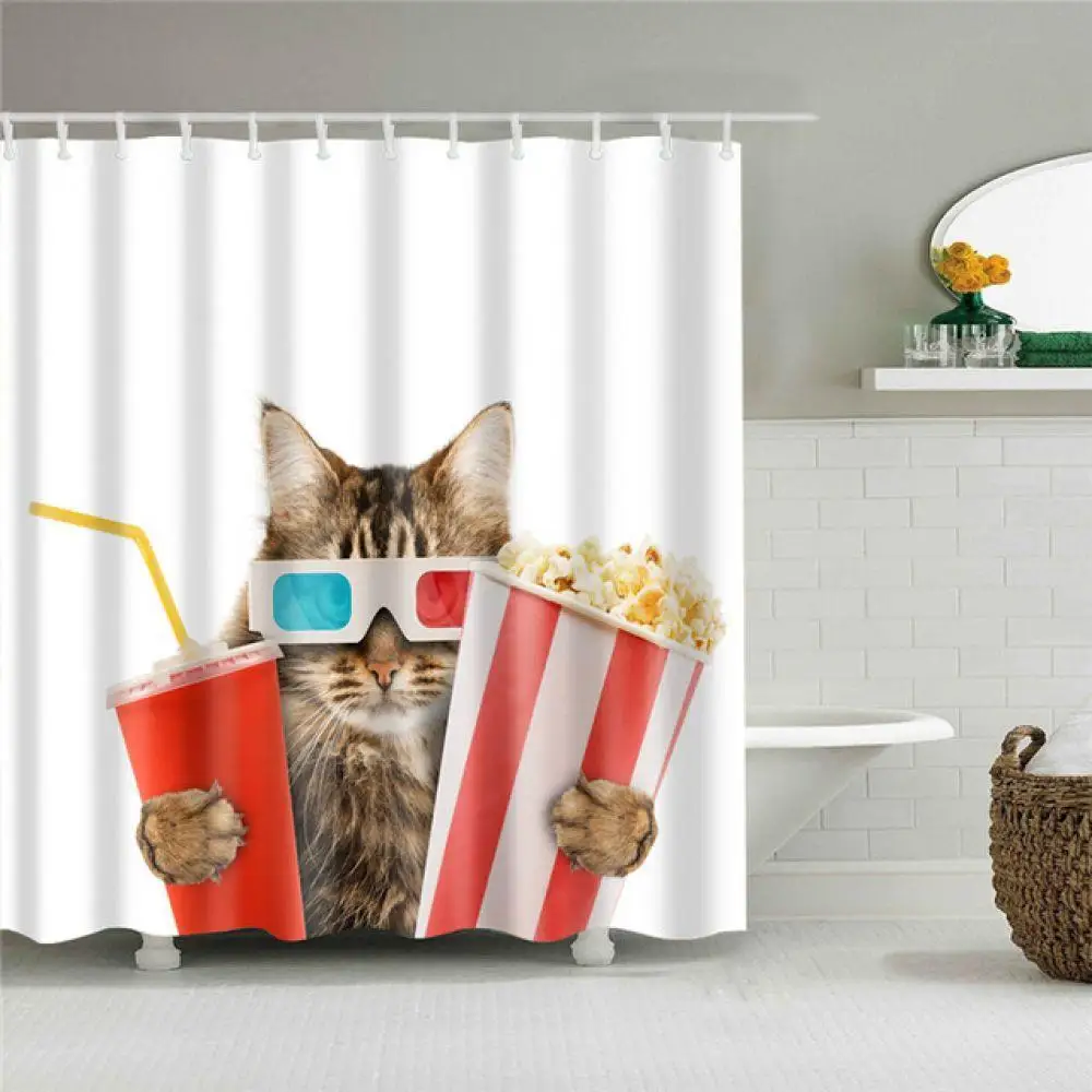 Christmas Cartoon Cat Print Shower Curtains for Bathroom Shower Curtain Washable Bath Decor Polyester Fabric Bathroom Curtain