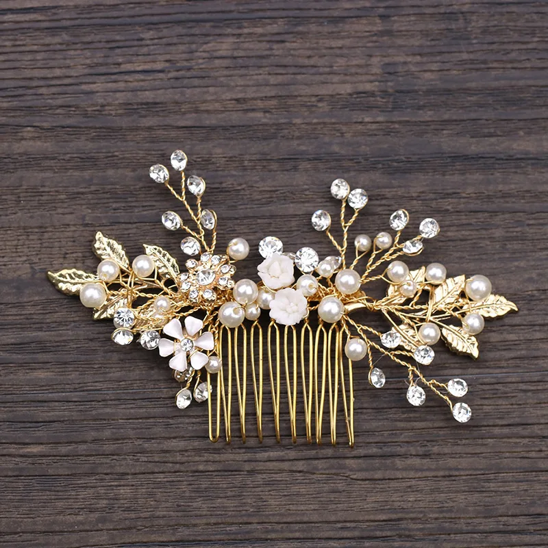

Trendy Pearl Crystal Hair Combs And Clips Gold Wedding Women Hair Accessories Bridal Headpiece Tiara Hair Jewelry Pageant Gifts