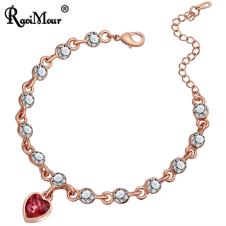 

RAVIMOUR Cubic Zircon Bracelet for Women New Red Heart Rose Gold Color Chain Punk Crystal Bracelets & Bangles Jewelry Love Gifts