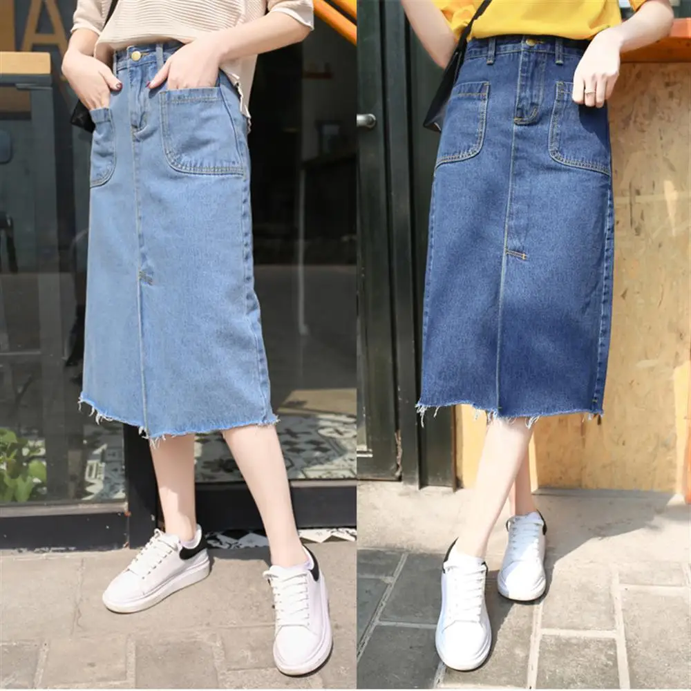2018 summer Women ladies long denim jean Skirts high waist casual Calf ...