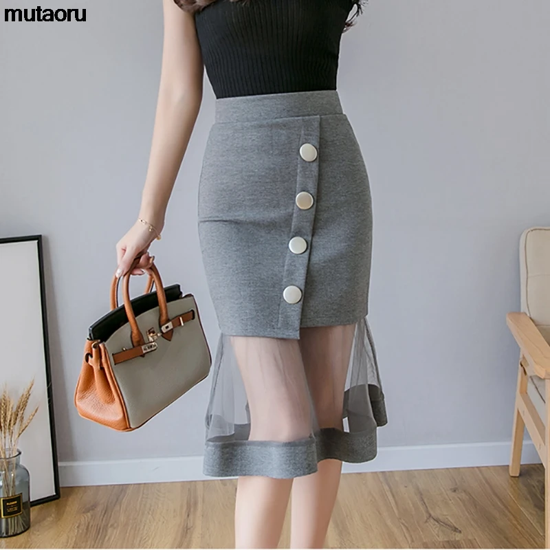 S-5XL New Women Skirt High waist Mesh patchwork Mermaid Skirt Slim Sexy Pencil Skirt Elegant button Office Ladies Skirts