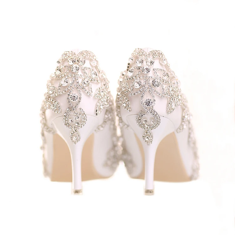 

34-39 White Lace Shallow Ponited Head Slip-on Custom Crystal Pearls Sweet High Heel Bride Girl Wedding Wearing Shoes