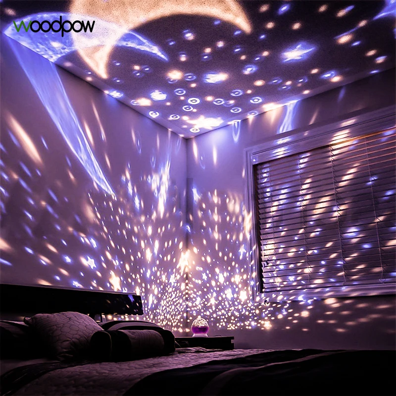 

Woodpow Auto Rotation Stars Starry Sky LED Night Light Star Moon Projector Night Lamp Battery USB Night Light For Children Baby