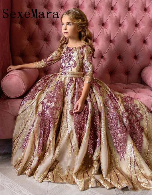 

Luxury Gold Customized Flower Girls Dresses for Wedding Long Sleeves O Neck Sequins Embroidery Girls Birthday Party Dress