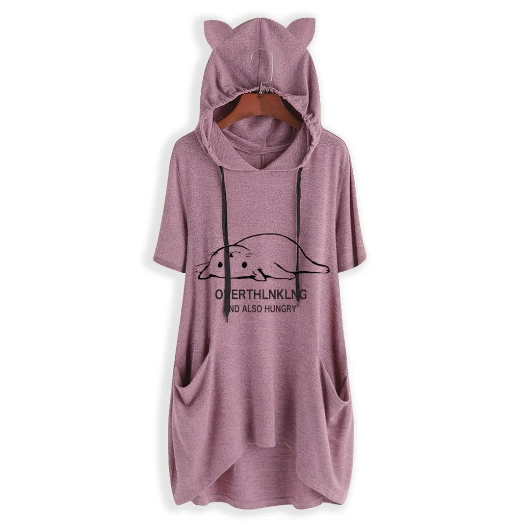 

2019 Women Casual Hoodies Print Cat Ear Hooded Long Sleeves Roll Up Sleeve Pockets Irregular Top Blouse Shirts Feminine#J30