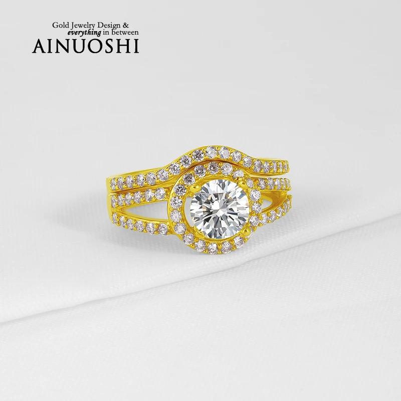 10K Yellow Gold Rings Round Cut Halo Sona Simulated Diamond Ring Set Jewelry Rings New Wedding Engagement Rings for Women Gift