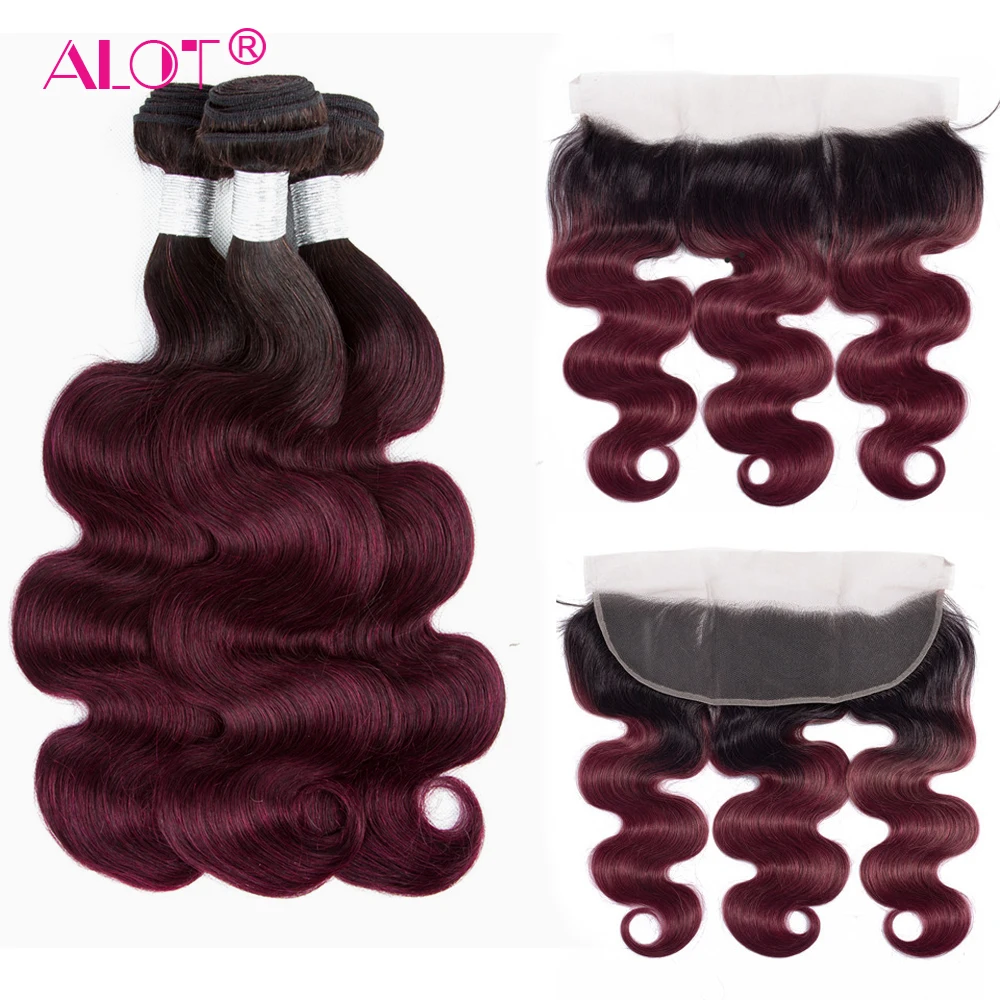 ALot T1B/99J Hair Bundles With Frontal Dark Root Non Remy Malaysia Body Wave Human Hair With Frontal Pre Colored Red Wine Hair