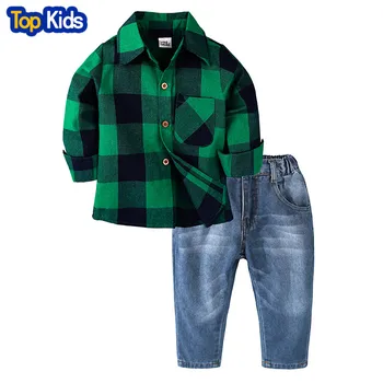 Fashion Kids Boys Clothing Sets Casual Plaid Long Sleeve Green Shirt+Jeans Gentleman Children Clothing Set MB456 1