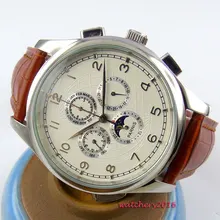 New 44mm parnis White Dial Moon Phase Date Day Stainless steel case Brown Leather strap Automatic Self-Wind Movement Men’s Watch