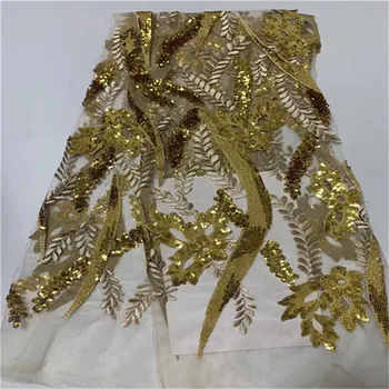 

2019 high quality French sequence gold sequins net lace,African tulle mesh sequence lace fabric for party dress 5yards/lot