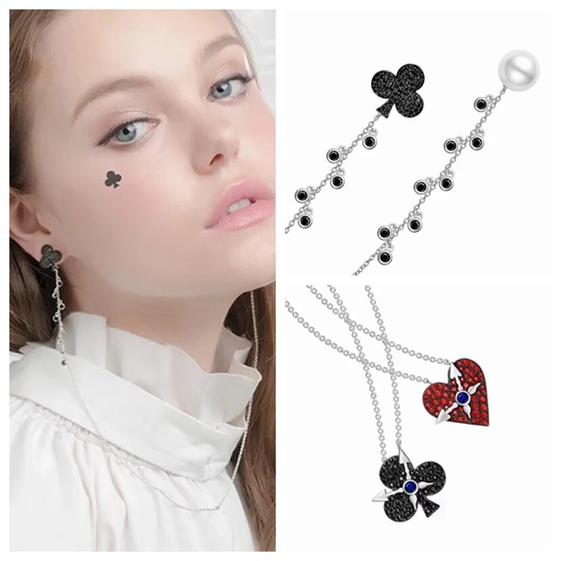 

Women Wedding Bridal Poker Knight Heart Necklace Chain Stud Earring Jewelry Set Alice Red Queen 925 Sterling Silver Zircon Set