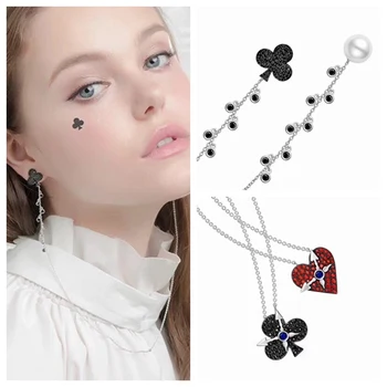 

Women Wedding Bridal Poker Knight Heart Necklace Chain Stud Earring Jewelry Set Alice Red Queen 925 Sterling Silver Zircon Set