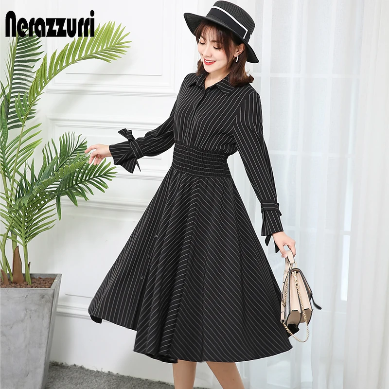

Nerazzurri peplum dress women midi striped long sleeve runway dress designers 2019 autumn plus size womens clothing dresses 5xl