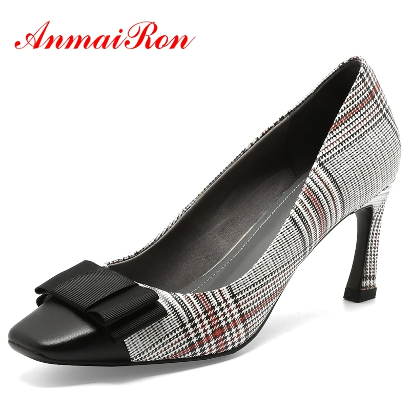 

ANMAIRON Genuine Leather Square Toe Casual Slip-On Womens Shoes Zapatos Mujer Tacon Fashion Pumps Size 33-41 LY550