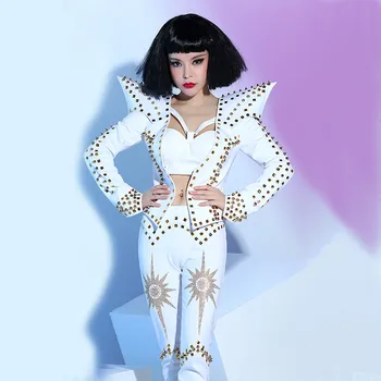 

Z47 White women sexy bodysuit singer catwalk performance dress cloth bar jacket rivets ballroom dance costumes club show outfit