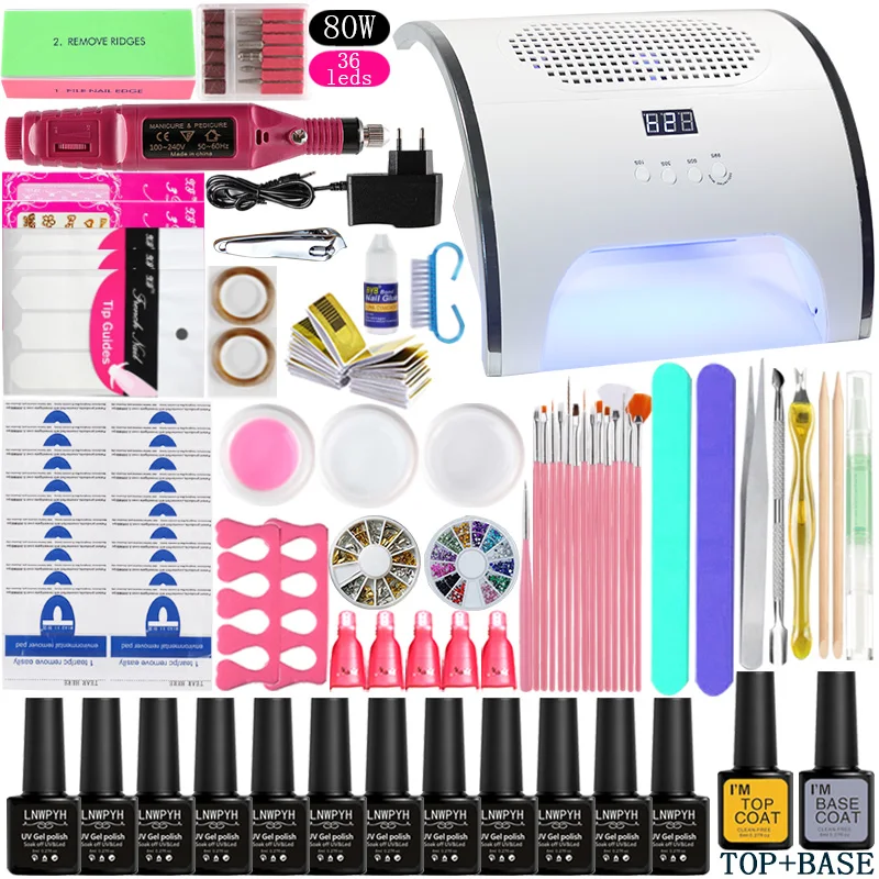 

Manicure Set 80 W 2 In 1 Nail Fan Art Salon Suction Dust Collector + UV LED Nail Lamp 12 colors Nail Polish Nail Art Tools