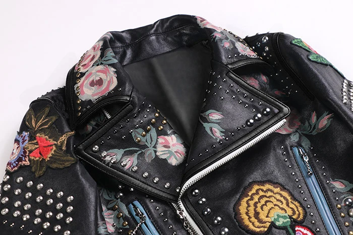 Chic women's rivets biker jackets Fashion embroidered PU leather jackets high quality leather short coat E957