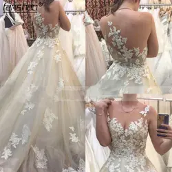 Пляжное свадебное платье Vestido De Noiva Свадебные платья в форме трапеции с низким вырезом на спине бусины прозрачная кисея, тюль кружева