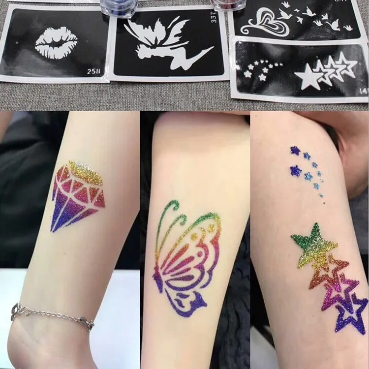Полуперманентный набор тату с блестками трафареты для тату 24 цвета светящаяся кисть для пудры макияж хна тату клей для лица трафарет для бровей