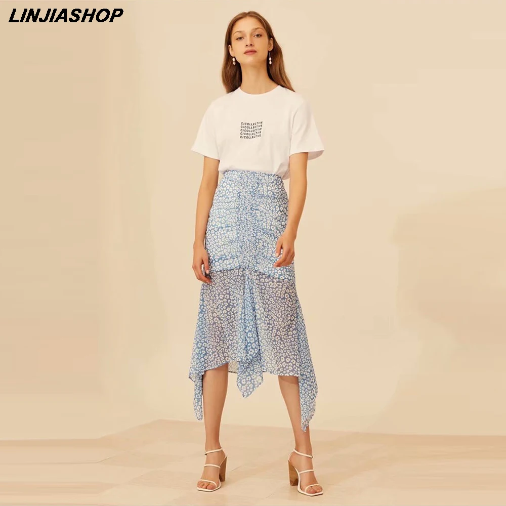 

Bohemian Pleated Blue Skirt Print High Waist Mid-Calf Trumpet Mermaid Tulle Skirt Women Bloggers Style New Arrivals 2019