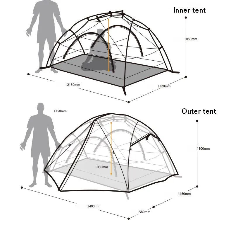 Двойной Слои Водонепроницаемый PU8000 Пеший туризм палатка Алюминий стержень Портативный Mountain один палатки UV40 + 2 человек нейлон силиконовое