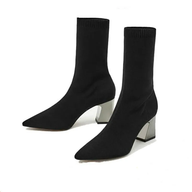 Dropshipping Fashion Ankle Elastic Sock Boots Chunky High Heels Stretch Women Autumn Sexy Booties Pointed Toe Pump Size | Обувь
