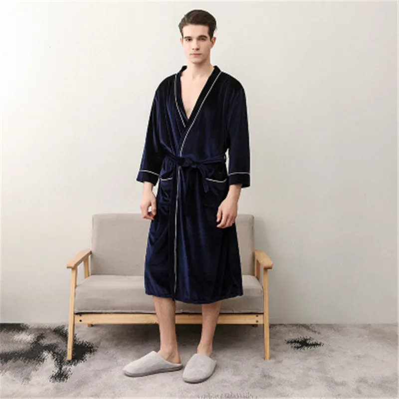 Унисекс зимний бархатный халат женский сексуальный свободный пояс пижама с длинным рукавом сплошной цвет женский халат толстые халаты Ma5029 - Цвет: navy blue robes men
