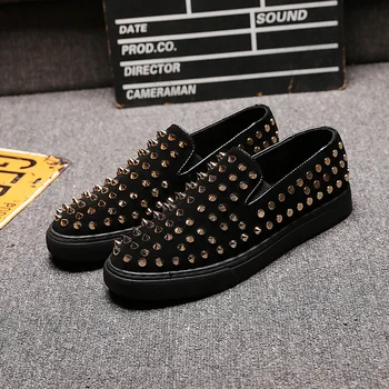 

italian brand designer mens fashion banquet nightclub soft leather rivet shoes slip on comfortable sneakers flat platform loafer