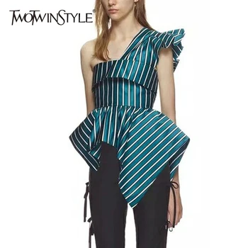 

TWOTWINSTYLE Striped Irregular Shirt Off Shoulder Ruffles Backless Tunic High Waist Zipper Blouse Female 2020 Summer Fashion New