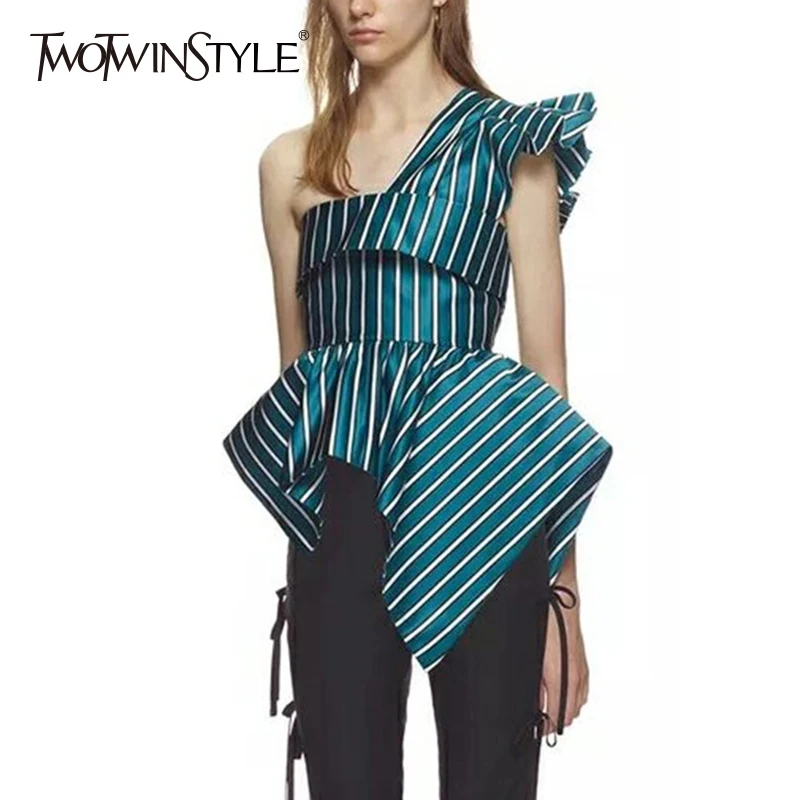 Женская Асимметричная блузка TWOTWINSTYLE летняя полосатая с открытыми плечами