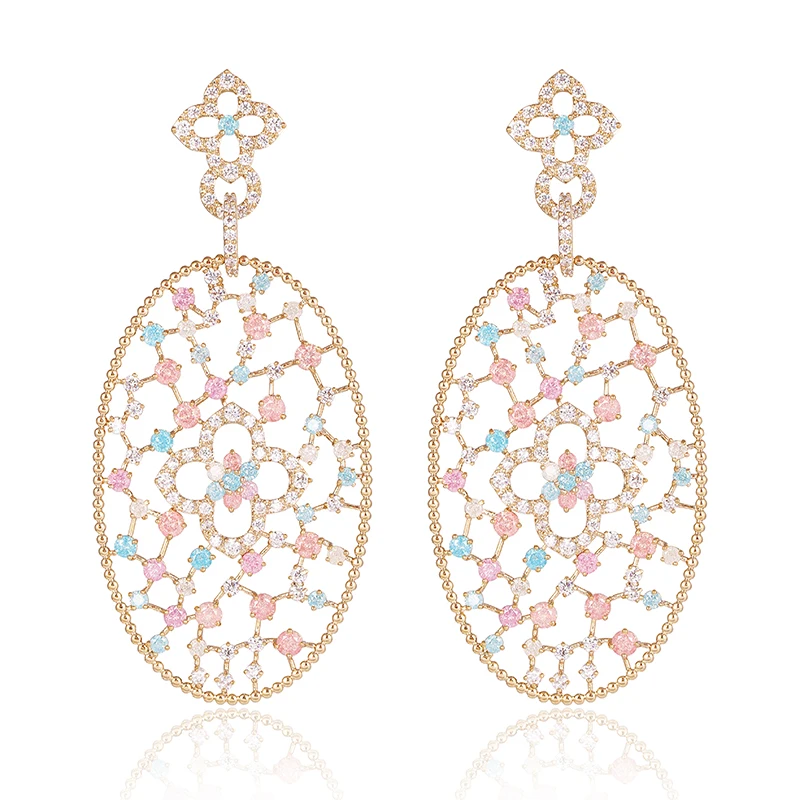 

XIUMEIYIZU Rose Gold Color Filigree Big Oval Dangle Earrings Inspired Pave Colorful CZ Stones Chandelier Earrings