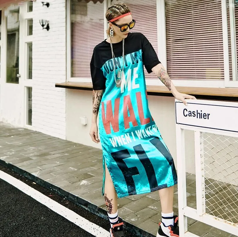 

2017 New Fashion Summer Dresses For Women Irregular Blue Letter Stitching Long Dress Hip Hop Dance Clothes Casual Car Bang