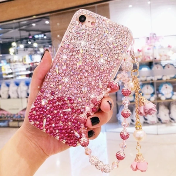 

Pink Gradient Top Shiny Rhinestone Phone Case For Samsung Galaxy Note 10 Pro Plus Note 9 8 7 5 C7 C9 Pro Soft Phone Cover Skins