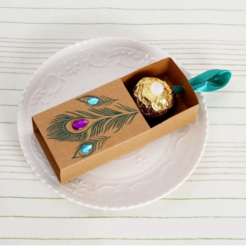 500pcs Peacock Feather Candy Chocolate Boxes Drawer Design Wedding