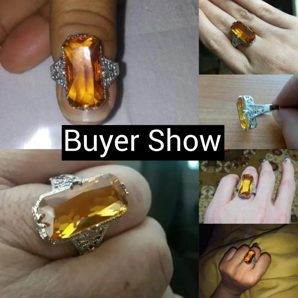 JUNXIN Anitique 925 Sterling Silver Filled Yellow Stone Rectangle Big Rings For Women Men Vintage Zircon Charm Wedding Bands CZ