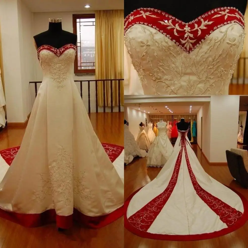 Vintage Rojo Y Blanco Vestidos De Novia 2019 Retro Encaje Bordado Con Cuentas Encaje Up Corset Back Sweep Train Vestido De Novia Vestido De Plus Vestidos De Novia Aliexpress