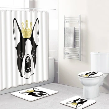 

Nordic Dogs Bath Mat Toilet Pad Set Anti-slip Toilet Shapi Dogs Carpet Flannel Bath Mat Waterproof Shower Curtain Set