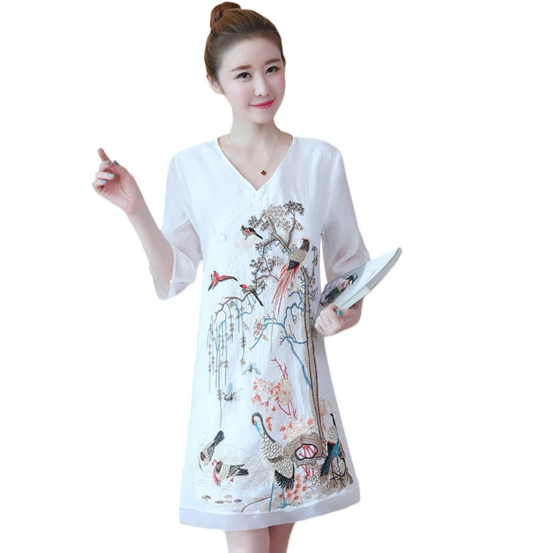 

National style heavy work embroidery large size dress women's summer new flower mini dress women's fashion elegant slim dress