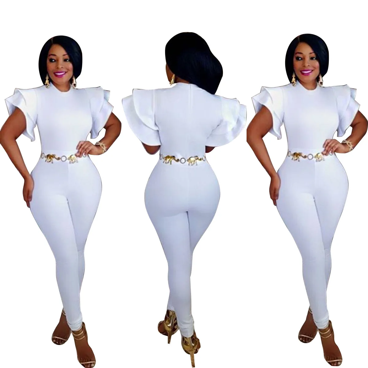 Women Eelegant Jumpsuits Ruffle Sleeves Bodycon Sexy Full Bodysuit Summer Overalls Rompers