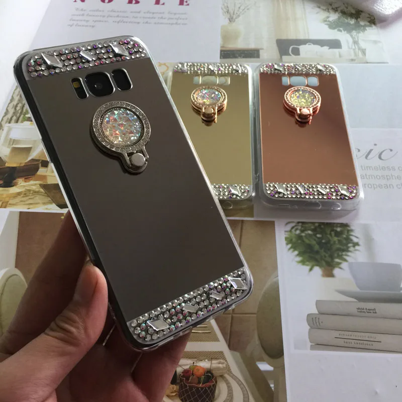 Для Samsung Galaxy S8 плюс Роскошный Алмаз Мягкие резиновые Кристалл Rhinestone Блеск Зеркало Дело держатель для Galaxy S6 S7 край