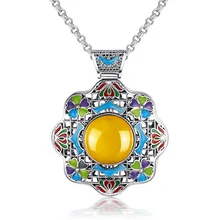 Long Baolong authentic 925 sterling silver silver yellow natural agate pendant cloisonne enamel pendant retro sweater
