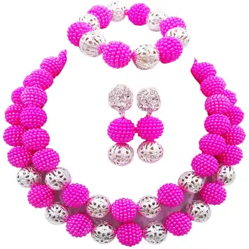 

Fuchsia Pink Hot Pink Silver Ball Nigerian Wedding African Beads Jewelry Set Simulated Pearl Custume Necklaces Beads Sets 46JQ17