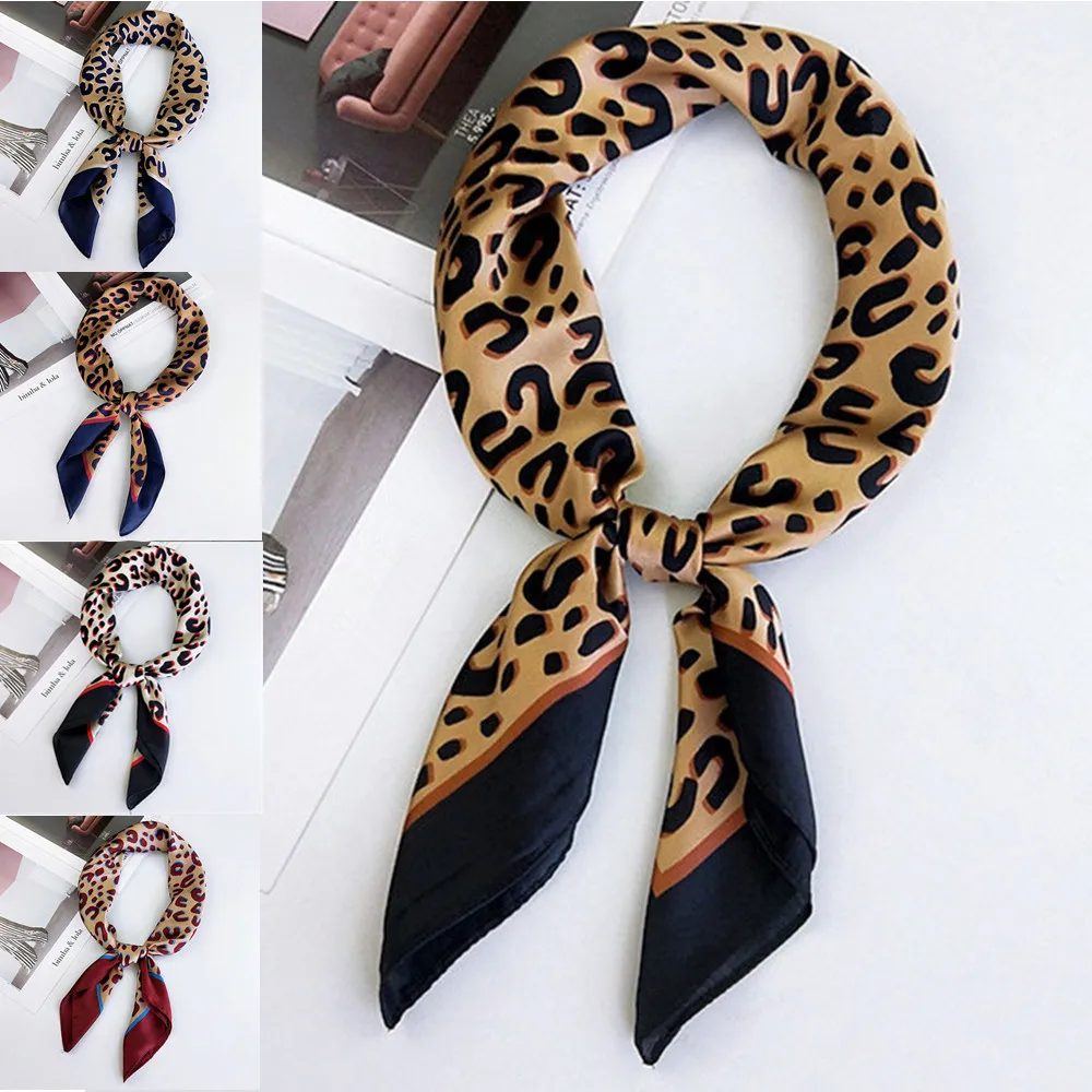 Elegant Women 70*70cm Square Silk Scarves Leopard Letters Soft Satin Scarf Retro Head Neck Hair Tie Band